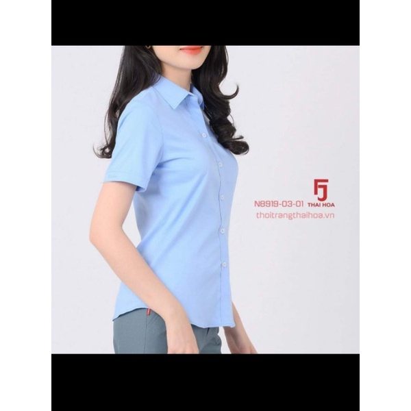 Áo sơ mi nữ Thái Hòa màu xanh dương vải sợi tre mã 8919