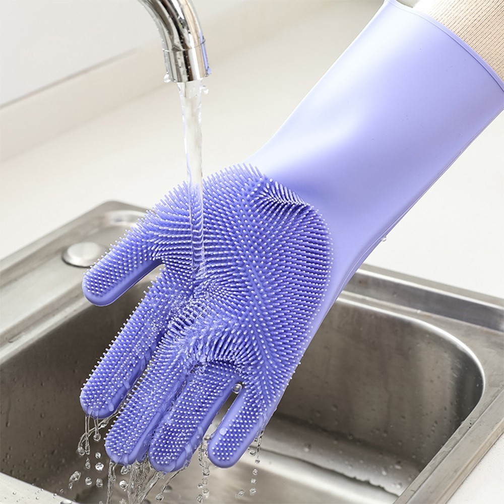 Găng tay rửa bát silicon có gai - Bộ 2 găng tay rửa bát silicon tạo bọt đa năng