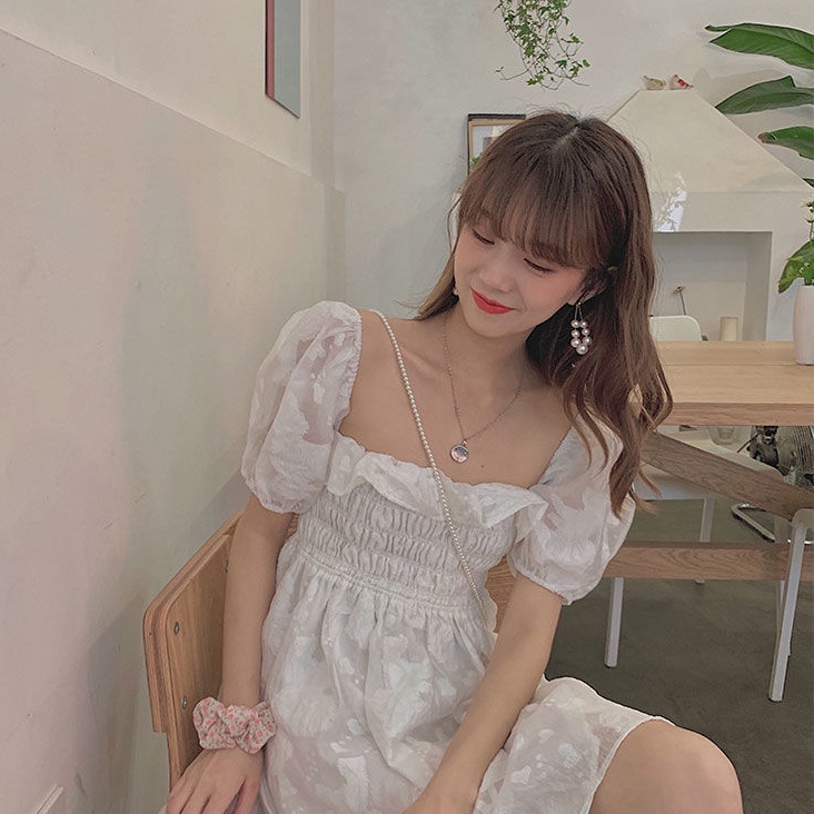 AMOI Đầm Ngắn Trễ Vai Tay Phồng Dễ Thương Dành Cho Nữ