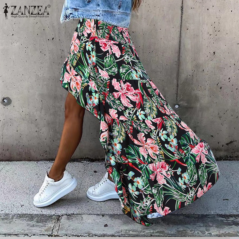 Chân Váy Dài ZANZEA In Hoa Lưng Co Giãn Vạt Trước Ngắn Vạt Sau Dài Dáng Rộng Cho Nữ