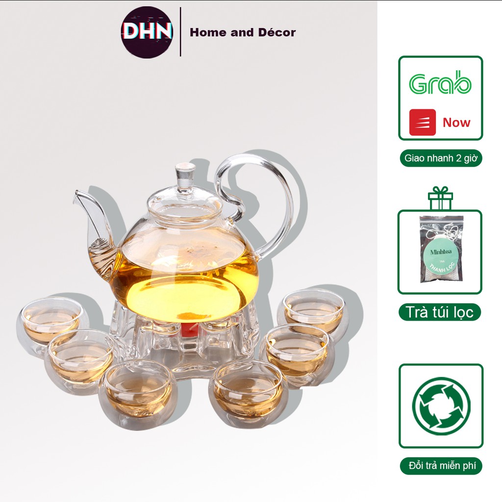 Bộ Ấm trà thủy tinh 6 chén chịu nhiệt dung tích 600ml kèm đế nến đun trà Bình trà thủy tinh tiệc trà đun nóng