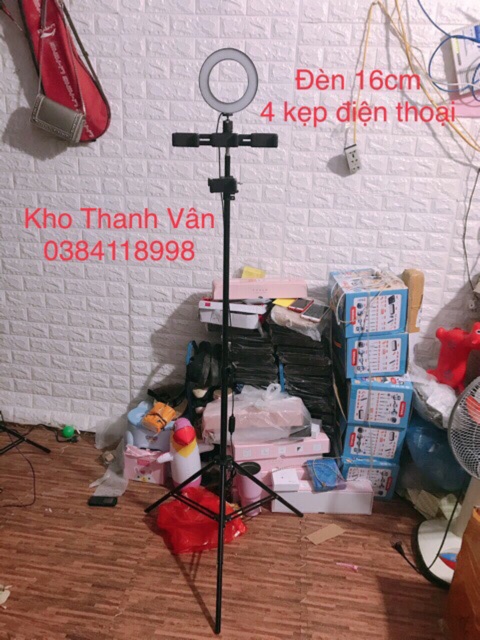 Đèn livestream 16cm vs 26cm 4 kẹp điện thoại chân cao 2.1m