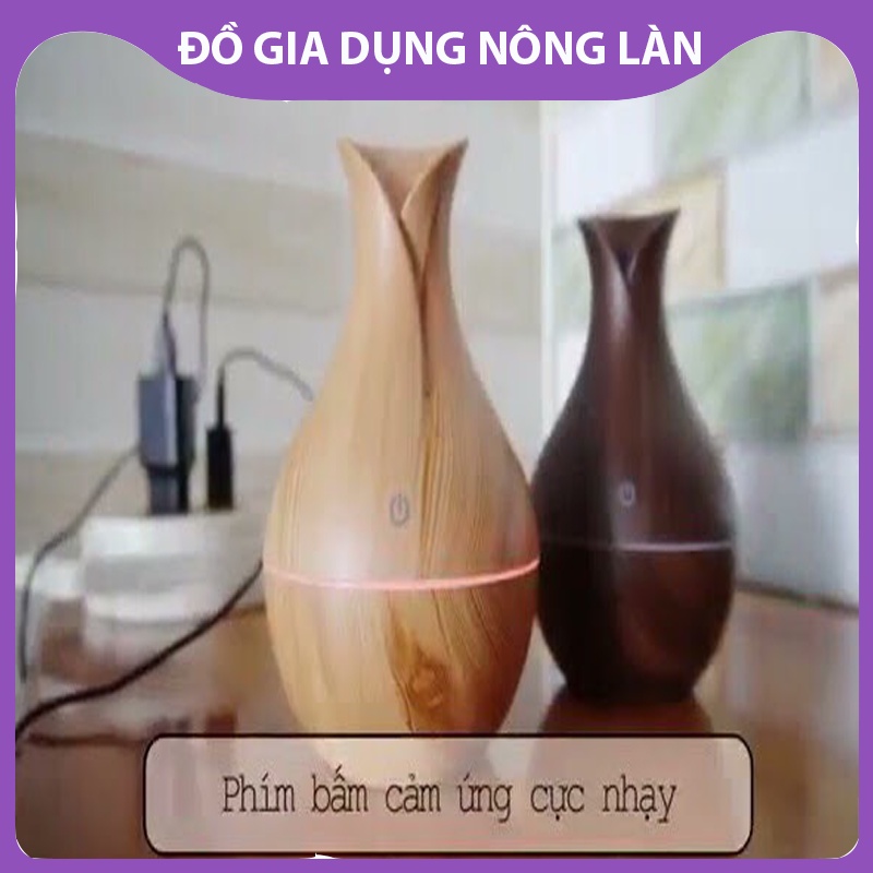 Máy xông tinh dầu vân gỗ cổ cao, phun sương tạo ẩm  thiết kế có đèn sang trọng, kiểu dáng lọ hoa NL Shop