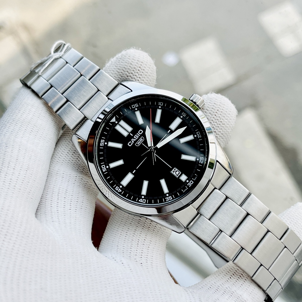 Đồng hồ nam kim da quang Casio MTP VD02D-1E Dây thép mặt đen Size 41mm chống nước 5ATM Bảo hành 1 năm Hyma watch