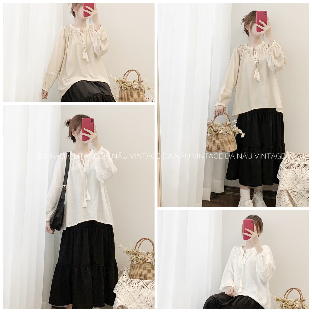 Áo kiểu nữ oversize vải đũi tay chuông bồng cổ nhún thắt dây – Da Nâu Vintage