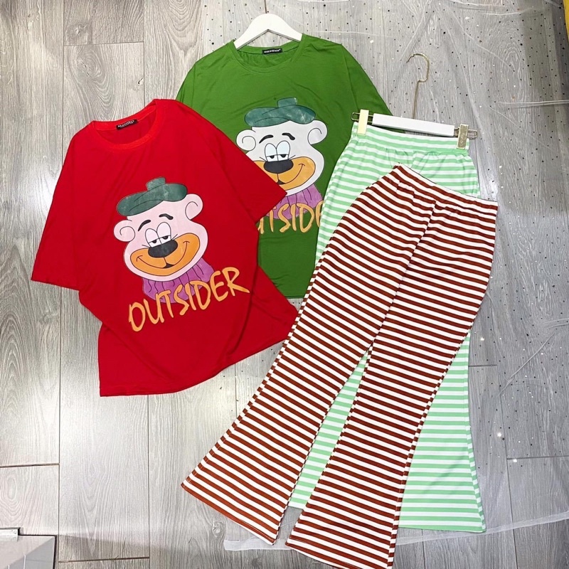 Set Bộ Áo Phông Gấu OUTSIDER Quần Loe Suông Ảnh Thật