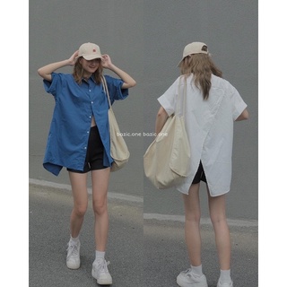 Áo váy sơ mi oversize xẻ lưng Bazic one, áo sơ mi dáng dài xẻ sau Bazic one