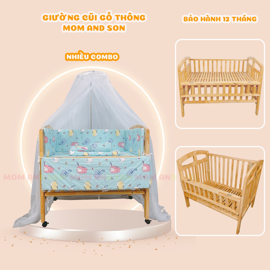 Nôi Cũi Cho Bé Chất Liệu Gỗ Thông Xuất Khẩu Màu Tự Nhiên Kích Thước [110x70x96] MOM AND SON- BH 12 Tháng