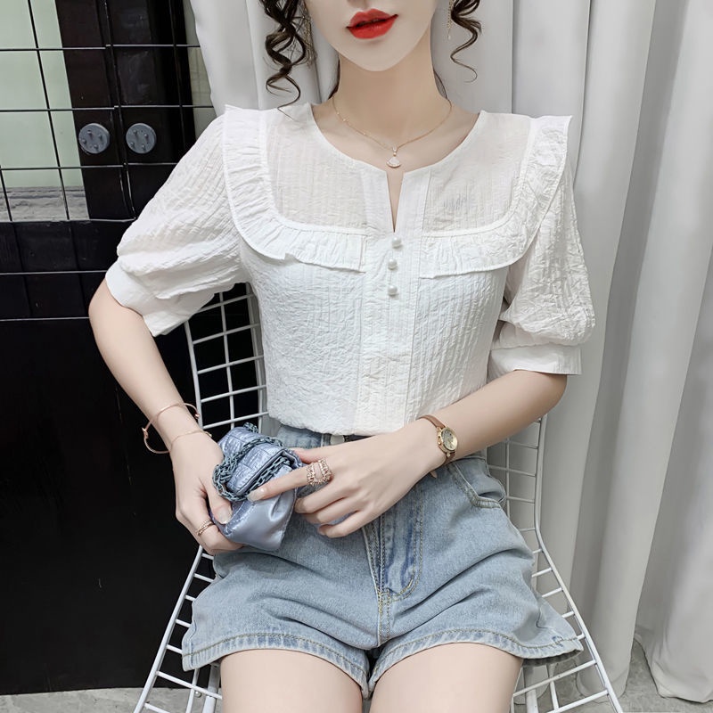 Áo kiểu chiffon tay ngắn cổ chữ V xếp nếp phong cách Pháp 2021 thời trang mùa hè ngọt ngào dành cho nữ
