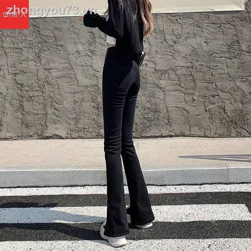 Quần jeans loe đen dáng dài xẻ gấu co dãn ôm dáng cực hot