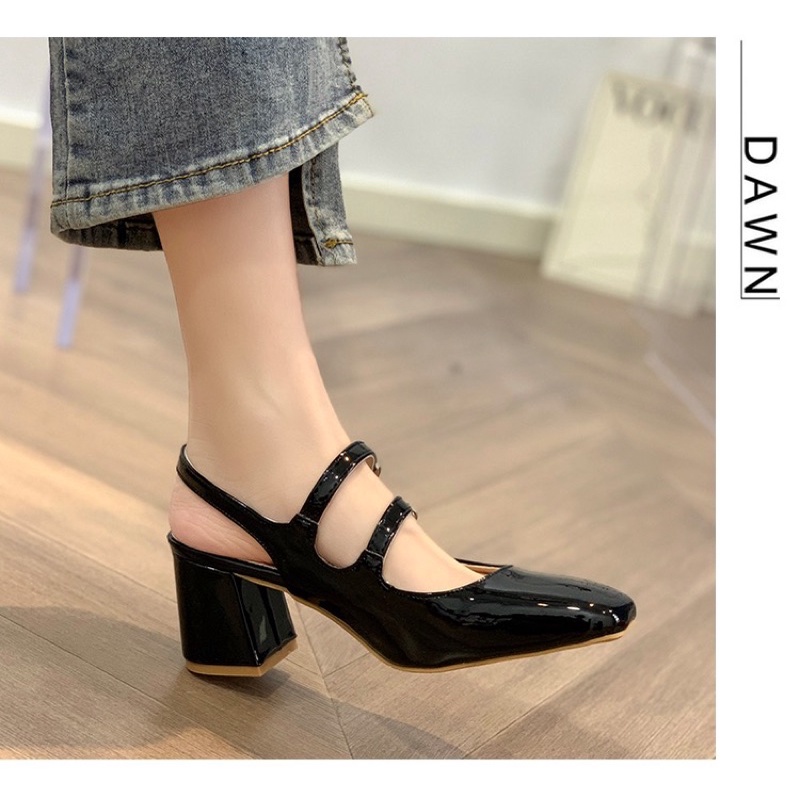 Giày búp bê da bóng cao gót đế vuông 7cm