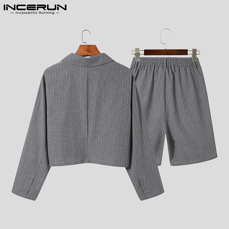 Bộ đồ INCERUN gồm áo khoác blazer và quần đùi họa tiết kẻ sọc thời trang dành cho bạn nam