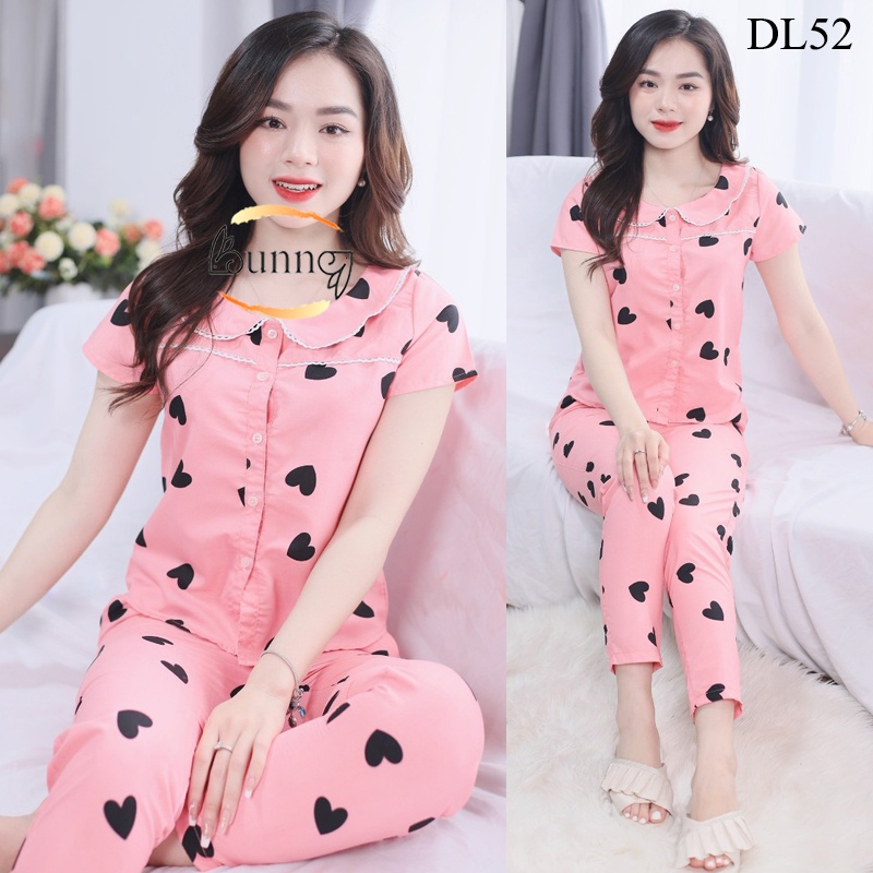 [Bunny] Đồ bộ nữ mặc nhà, quần áo nữ mẫu tay cộc quần dài họa tiết tim hồng dễ thương, chất liệu Kate thái