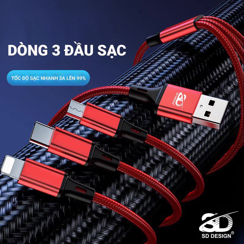 Cáp Sạc 3 Đầu L2 chính hãng SD Design đa năng 3in1 Lightning - Micro - Type C Dây Dù Sạc cho Samsung Oppo Xiaomi iPhone