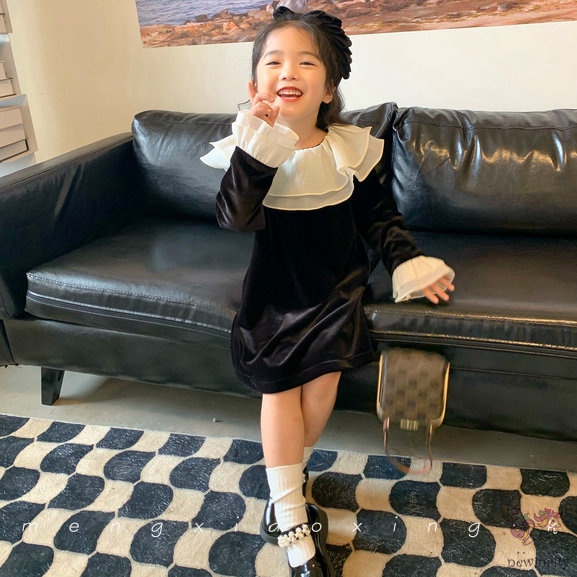 Đầm Nhung Cổ Bèo Phong Cách Chic Hàn Quốc Xinh Xắn Cho Bé Gái