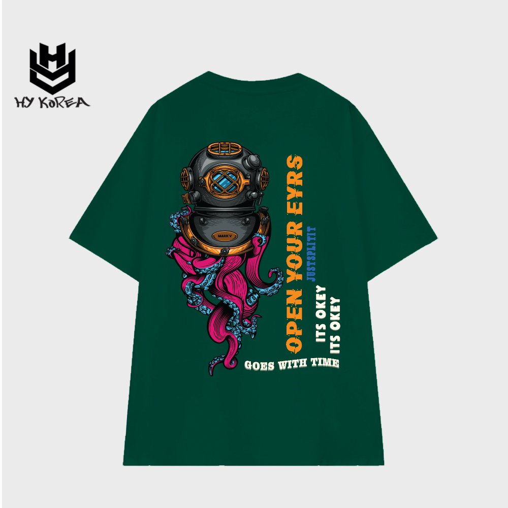 Áo thun unisex tay lỡ HY KOREA nam nữ form rộng in hình Mực đội mũ lặn 755