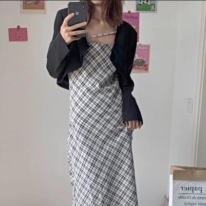 Set Váy Kẻ Mix Blazer Chéo Dây Cá Tính Thời Trang Becky
