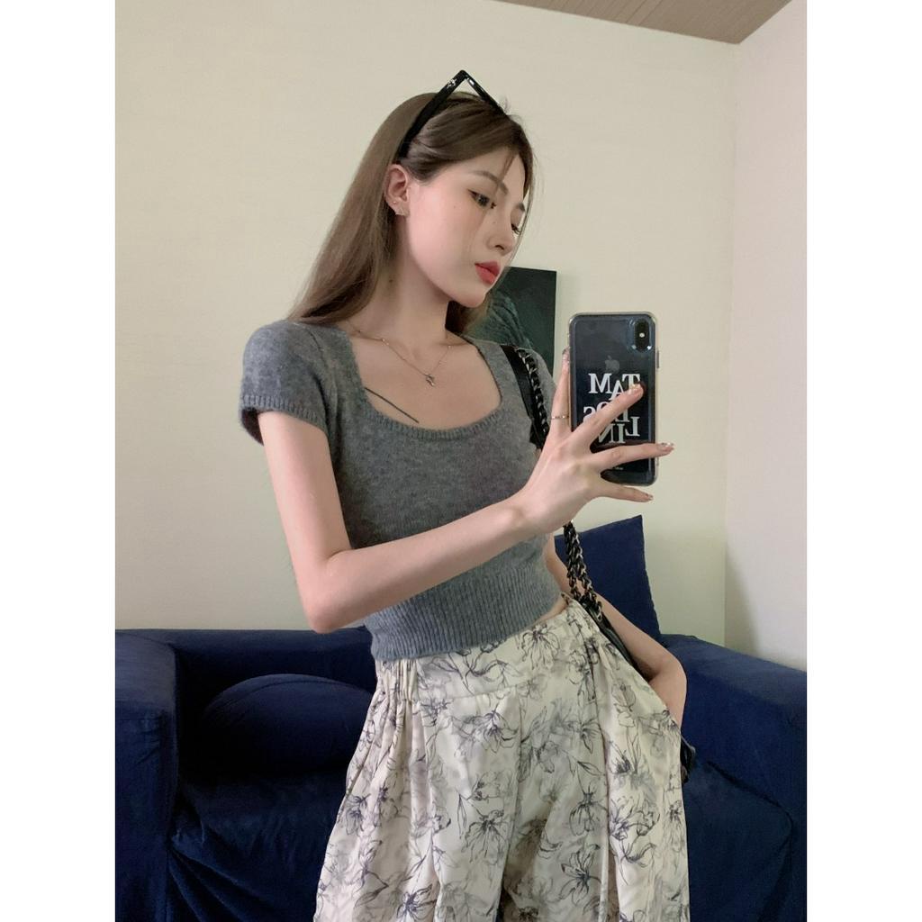 ZHELIHANGFEI Áo Thun Dệt Kim Ngắn Tay Cổ Vuông Hở Rốn Thiết Kế Độc Đáo Ngọt Ngào Cho Nữ