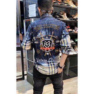 Áo sơ mi tay dài was loang sóng biển thêu logo royal three collection, sơ mi thêu full áo chính hãng K3 STORE