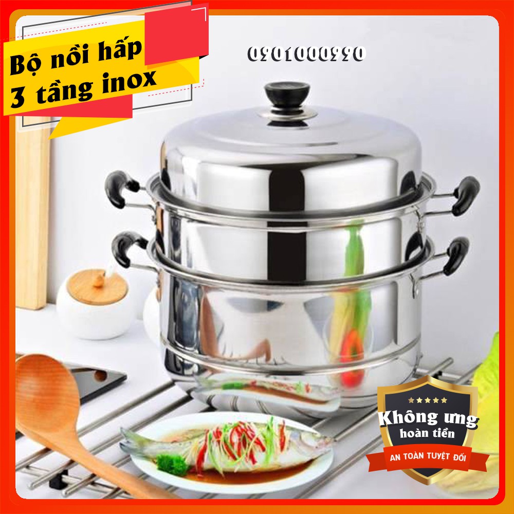 ⚡RẺ VÔ ĐỊCH⚡Nồi hấp 3 tầng inox cỡ lớn size 28cm, hấp bánh bao, xôi...sử dụng bếp từ