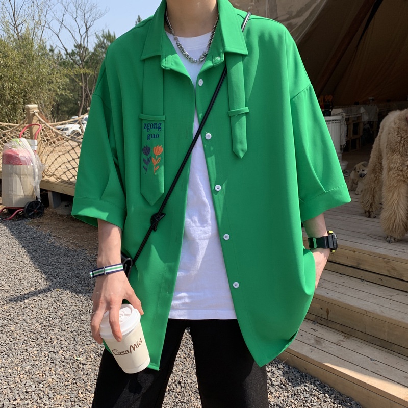 Áo Sơ Mi Tay Ngắn Chất Lụa Lạnh Phong Cách Hong Kong Cá Tính