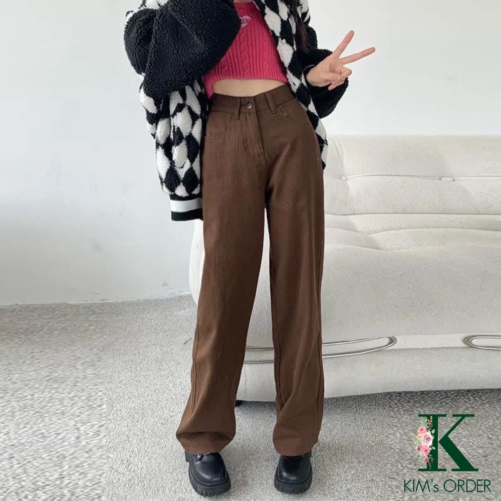 Quần Jeans Nữ Màu Nâu Đất Ống Suông Chất Jean Cạp Cao Phom Rộng Phong Cách Ulzzang Loại 1 Mặc Hàng Ngày Tặng Dây Tóc