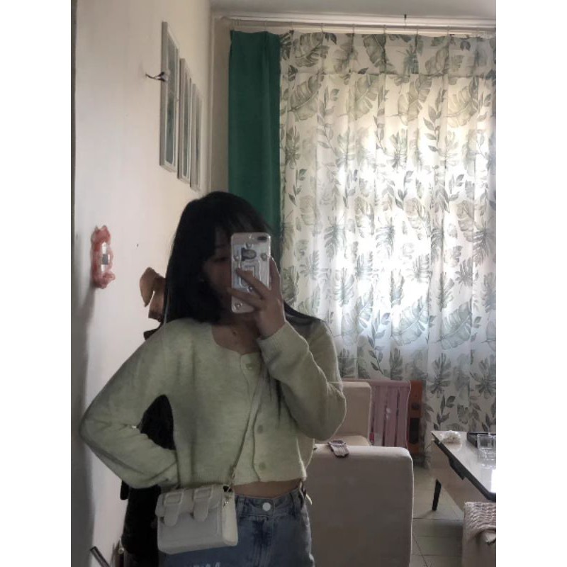 Áo khoác len Cardigan dáng croptop phối cổ vuông