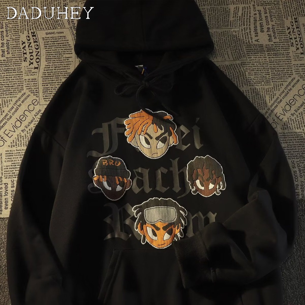 DaDuHey Men's American-Style Leisure Washed-out Vintage Distressed Printed Crew Neck Casual Hooded Sweater