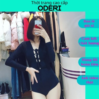 Bikini, Đồ Bơi Một Mảnh Thân Liền Đen Tay Dài Đan Ngực ODERI