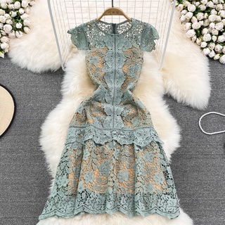 #1595 [Order] Đầm phong cách cung điện retro cổ tròn tay áo bay mỏng vừa vặn và mỏng tan trong nước váy hoa rỗng
