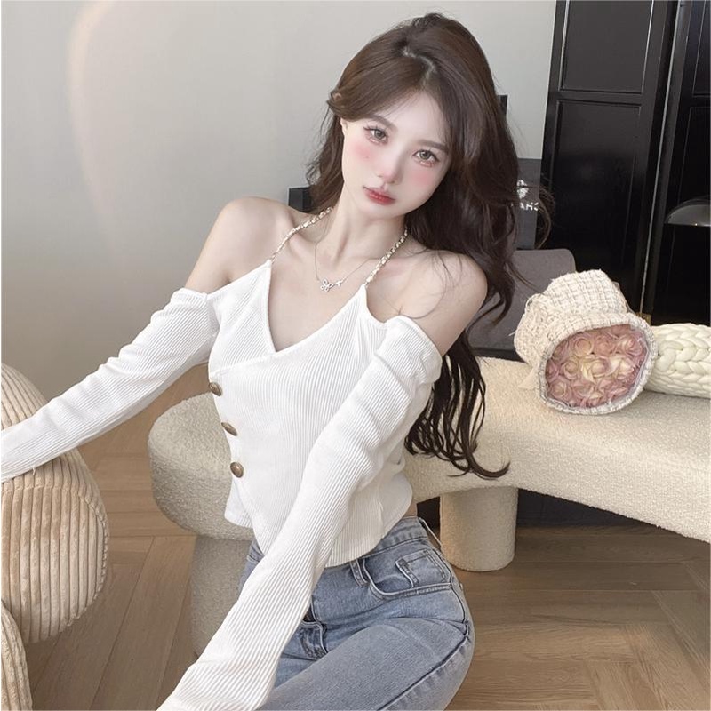 ZHELIHANGFEI Áo Croptop Dệt Kim Tay Dài Lưng Cao Thời Trang Quyến Rũ Cho Nữ