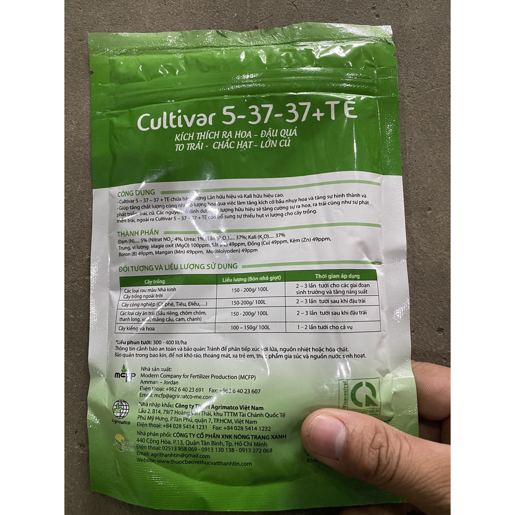 Phân bón lá xuất xứ Jordan Cultivar 5-37-37+TE tăng ra, hoa đậu trái - gói 250gr