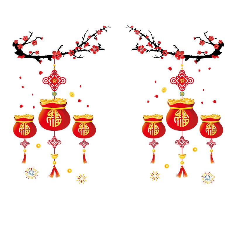 Decal trang trí tường dán tết 2 mặt - Túi tiền chữ phúc phối lồng đèn đào đỏ