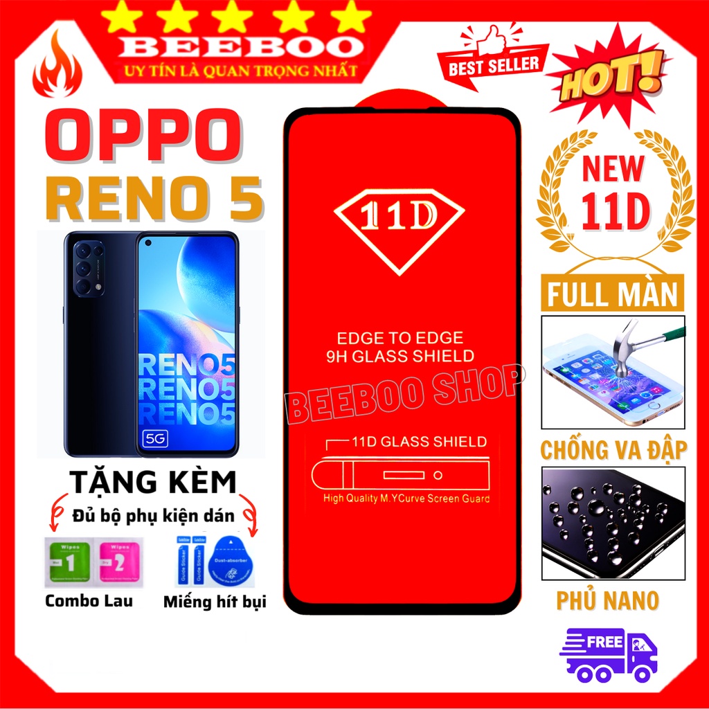 Kính cường lực Oppo Reno 5/ 5G - Siêu chuẩn 100% - Full màn hình 11D và trong suốt - Độ cứng 9H [Free Ship 50K]