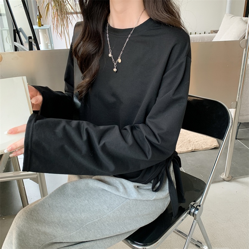 SUXI Áo Thun Tay Dài Cổ Tròn Màu Sắc Đơn Giản Cho Nữ