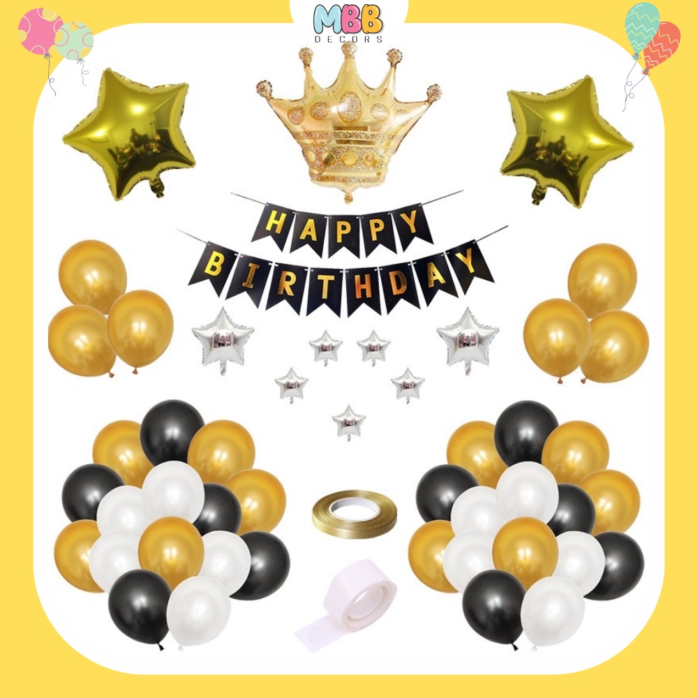 [TẶNG BÓNG SỐ &amp; BƠM, KEO] Set Trang Trí Sinh Nhật Bé Trai Bé Gái Màu Vàng Đen Đầy Đủ Phụ Kiện 0002