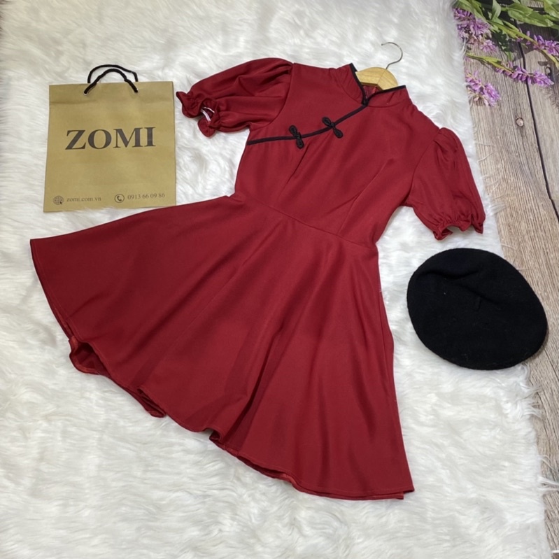 Đầm đỏ sườn xám dáng xòe cách điệu dễ thương ZOMI D9494