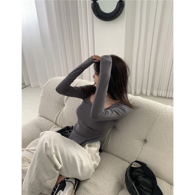 Áo thun nữ dài tay trơn màu, thiết kế cổ chữ U, phần trên siêu sexy lộ eo hai bên