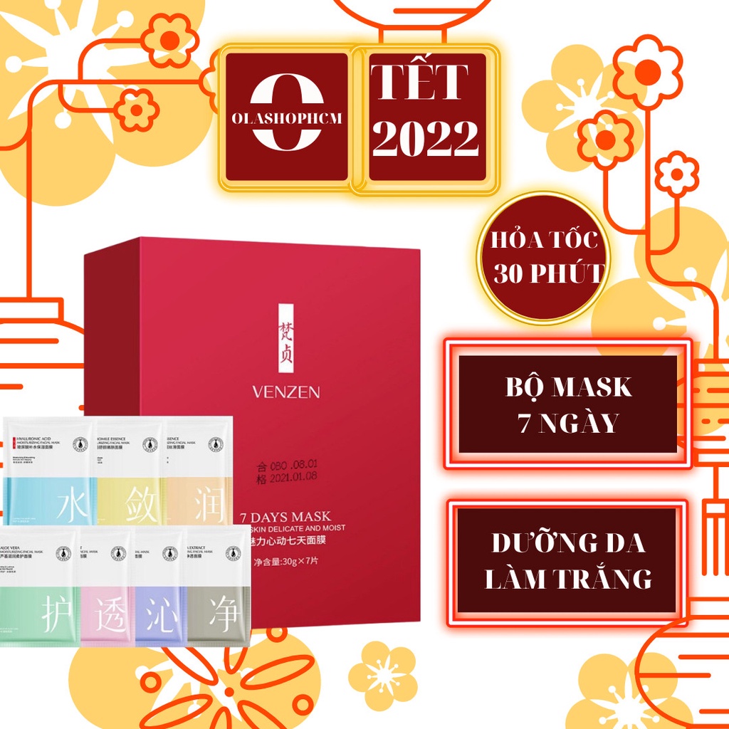 Bộ Mask Venzen 7 Days  Dưỡng Da Hyaluronic Acid, Hoa Cúc, Ốc sên, Lô hội,  Ngọc Trai, trứng Cá Muối, trà đen.