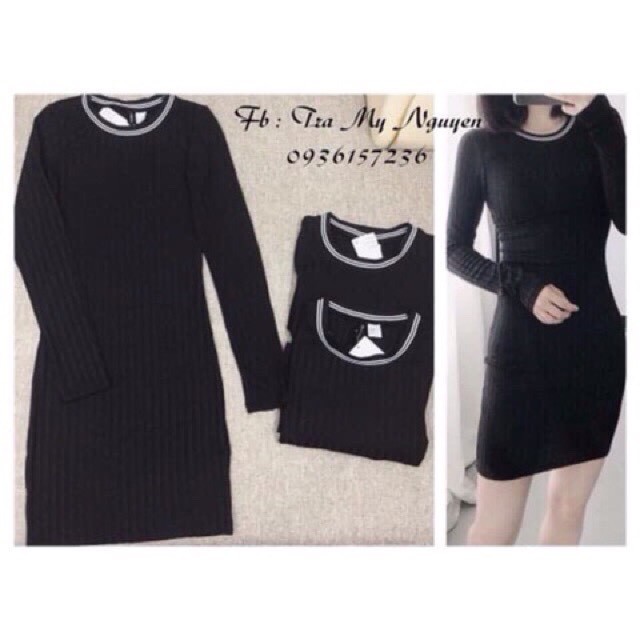 Đầm body len tăm dài tay cổ phối viền -ảnh thật -video | BigBuy360 - bigbuy360.vn