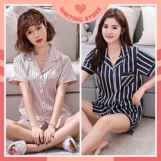 Pijama- Đồ Bộ Ngủ Lụa Cộc Cao Cấp Sang Chảnh Kẻ Sọc kèm ảnh thật CCLP06