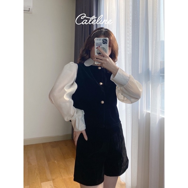 Set sơ mi nữ Cateline cổ bèo voan gile short nhung tiểu thư sang chảnh - SCL007 | BigBuy360 - bigbuy360.vn