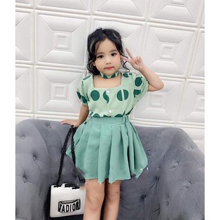 set váy, quần 6 món chấm bi