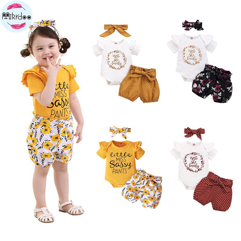 Set áo liêền thân tay ngắn + quần short + băng đô dễ thương cho bé gái sơ sinh Mikrdoo