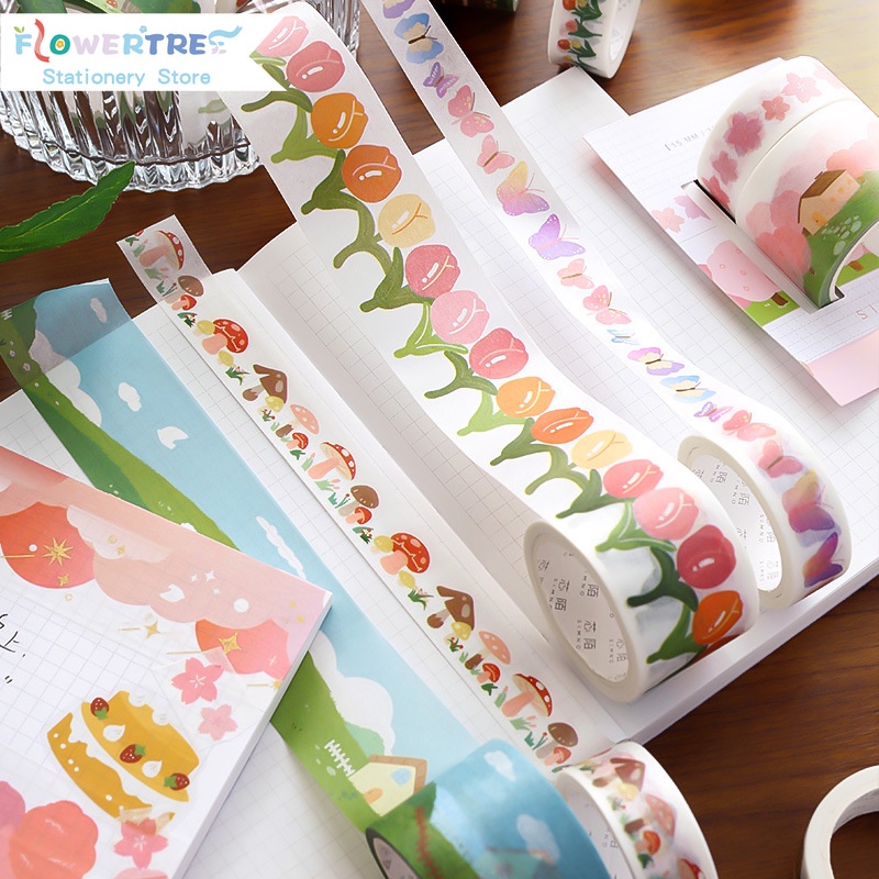 Set 2 Cuộn Băng Dính Washi Trang Trí Sổ Tay Nhật Ký