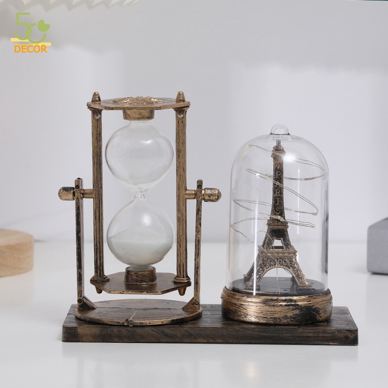 Đồng hồ cát kèm mô hình tháp Eiffel phát sáng, đồng hồ cát để bàn trang trí, quà tặng, lưu niệm