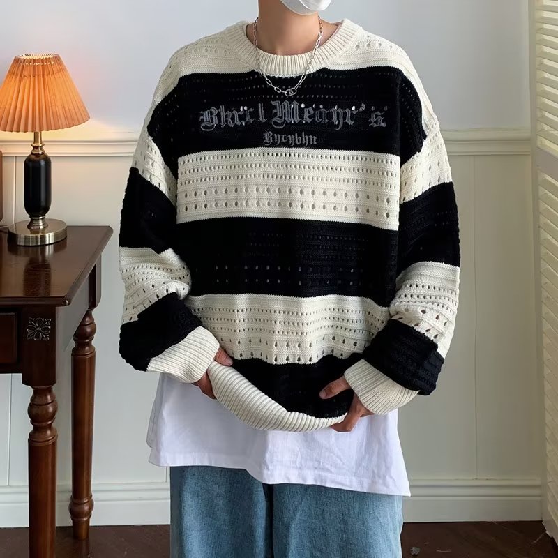 Áo Sweater Dệt Kim Dáng Rộng Kẻ Sọc Trắng Đen Kiểu Hàn Quốc Cá Tính Cho Nam Và Nữ