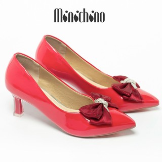 Giày búp bê nữ gót cao 5cm MINICHINO giày cao gót nữ da bóng, mũi nhọn thời trang màu đỏ TC006