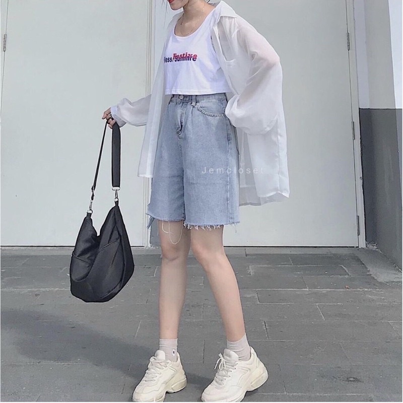 Quần short bò nữ dáng ngố lửng ống rộng chất bò trơn mềm dày sịn quần đùi bò basic cạp cao