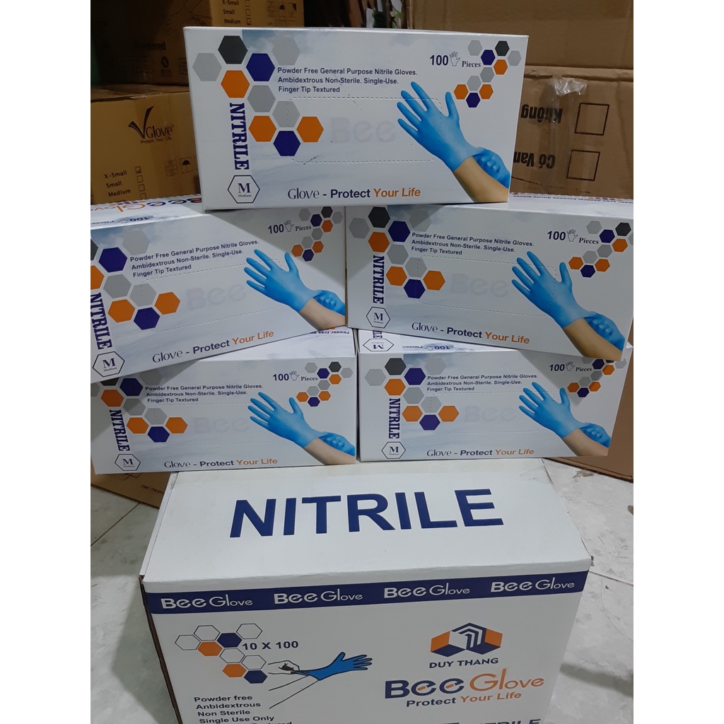 1 THÙNG 10 Hộp Găng tay cao su nhân tạo NITRILE không bột BEE GLOVE, chính hãng Màu Blue 4.0gr-Size S,M,L